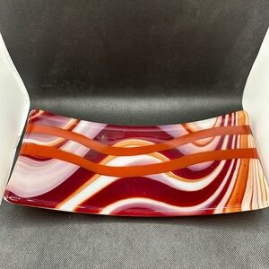 Elegant Swirl Glass Tray Candle Holder Trinket Dish in Red and White